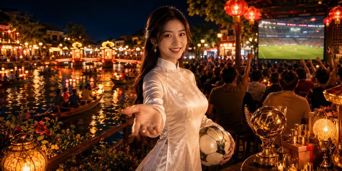 Người phụ nữ mặc áo dài theo dõi kèo bóng đá tại Hội An